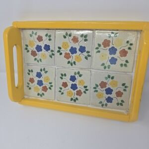 VINTAGE Handmade Wooden Serving Tray Ceramic Tile Inlay  14" x 10"  FLAT SHIP